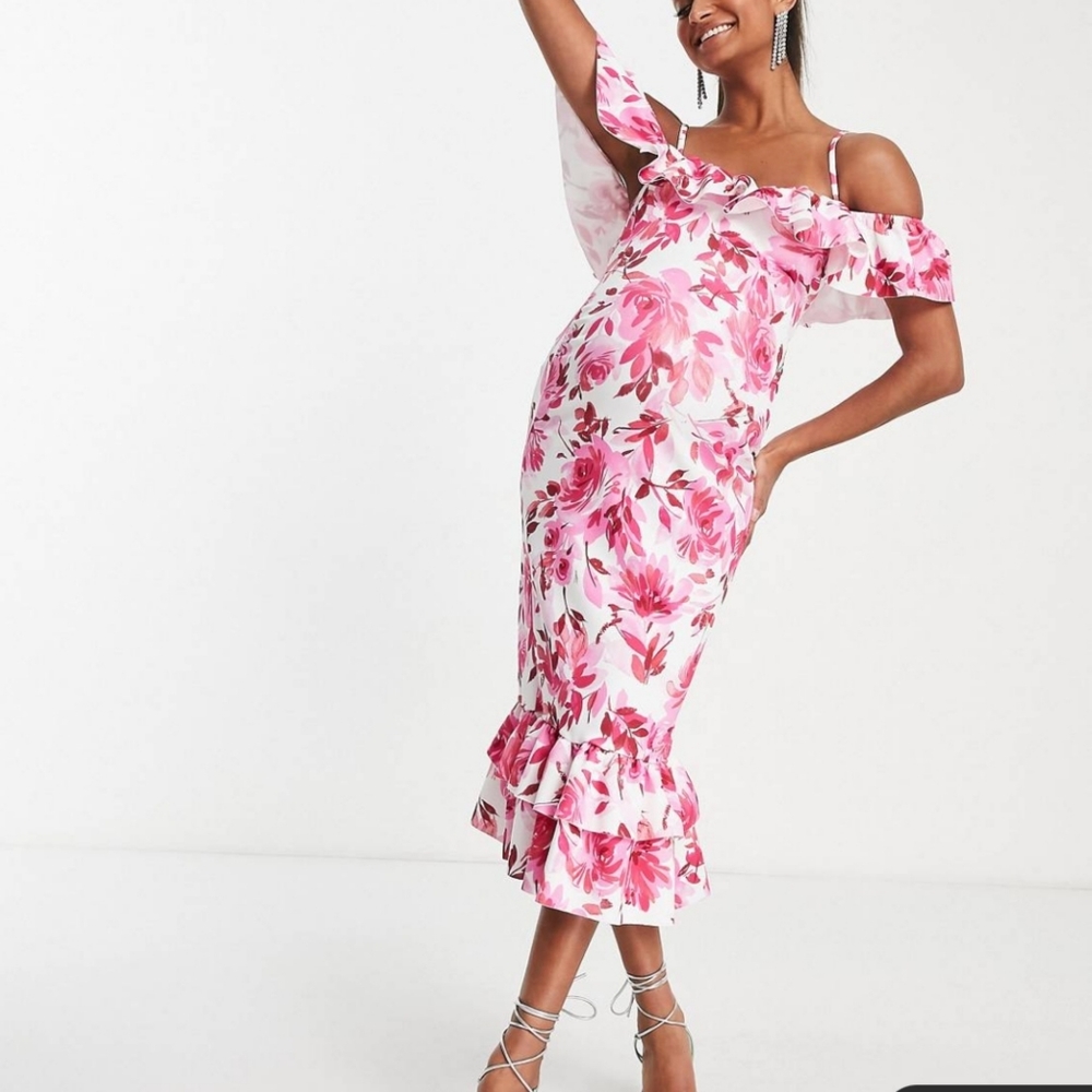 ASOS Pink Floral Off the Shoulder Body Con Maternity Dress